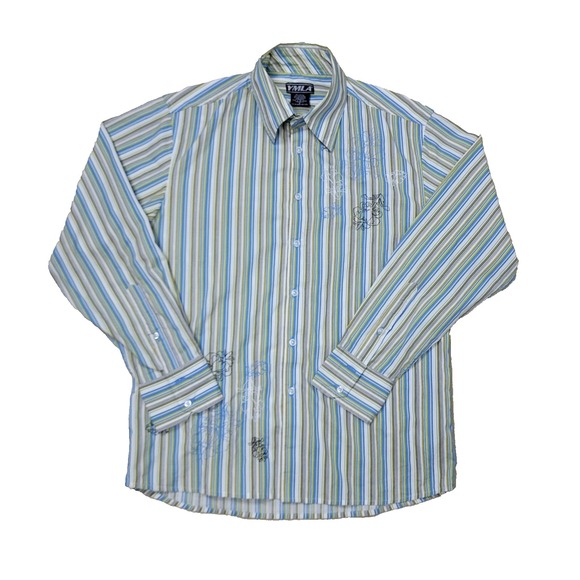 YMLA Mens Small Multicolor Striped Button Up Long Sleeve Embroidered Floral - Picture 2 of 6